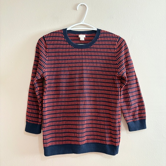$19❄️ J. Crew Navy & Orange Light Weight Cotton 3/4 Sleeve Crewneck Sweater - Picture 1 of 15